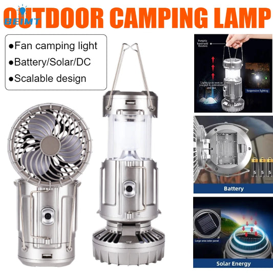 Camping Fan Portable Rechargeable Foldable Hangable Power Bank Lamp Handheld Lantern With Solar Charging