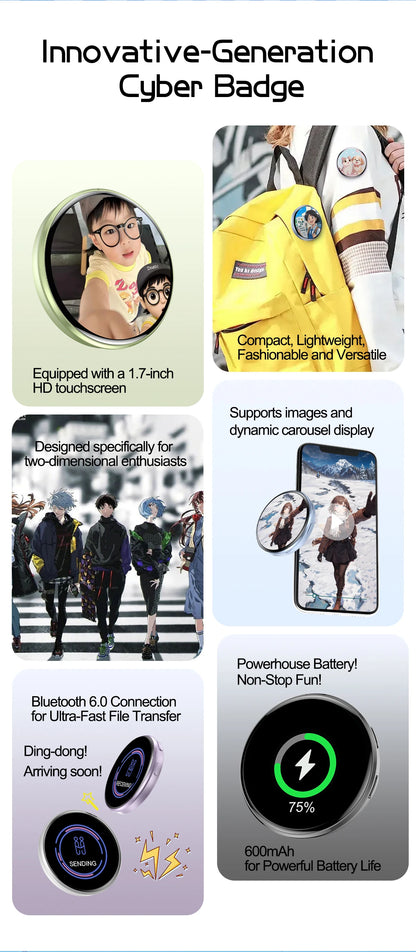 GIF Dynamic Anime DIY Trendy E-Badge Photo Video MP3 Player Digital Display Badge Game Cycling Warning Adaptation Kids Boy Gift