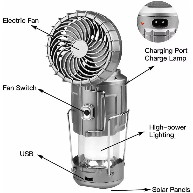 Camping Fan Portable Rechargeable Foldable Hangable Power Bank Lamp Handheld Lantern With Solar Charging