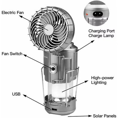 Camping Fan Portable Rechargeable Foldable Hangable Power Bank Lamp Handheld Lantern With Solar Charging